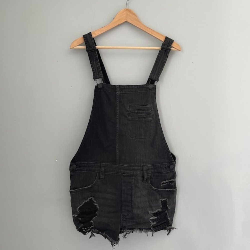 Distressed Black Denim Overall Shorts/Romper